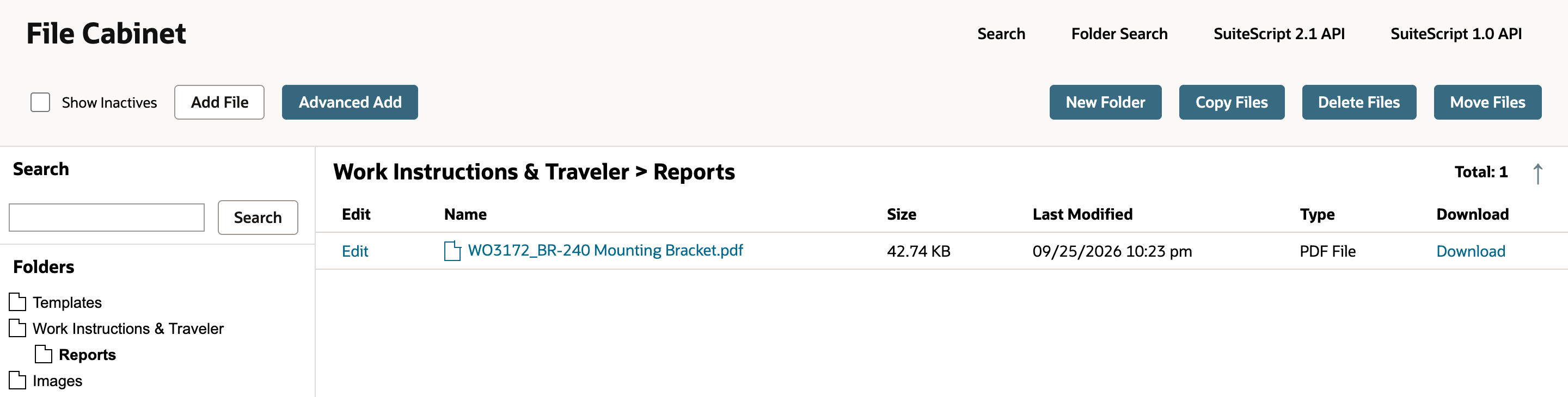 The File Cabinet open to Work Instructions & Traveler > Reports, with Total: 1. The folder holds WO3172_BR-240 Mounting Bracket.pdf, 42.74 KB, a PDF File. The folder tree on the left shows Templates, Work Instructions & Traveler with Reports under it, and Images.
