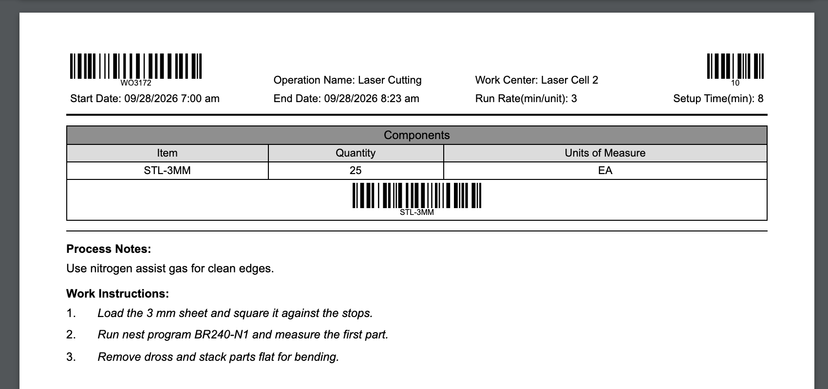 Page 2 of 4 of the WO3172 traveler PDF. The header has a WO3172 barcode, Operation Name Laser Cutting, Work Center Laser Cell 2, an operation barcode 10, Start Date 09/28/2026 7:00 am, End Date 09/28/2026 8:23 am, Run Rate 3 and Setup Time 8. The Components table lists STL-3MM, 25 EA. Process Notes reads Use nitrogen assist gas for clean edges. Work Instructions lists 1 Load the 3 mm sheet and square it against the stops, 2 Run nest program BR240-N1 and measure the first part, and 3 Remove dross and stack parts flat for bending.