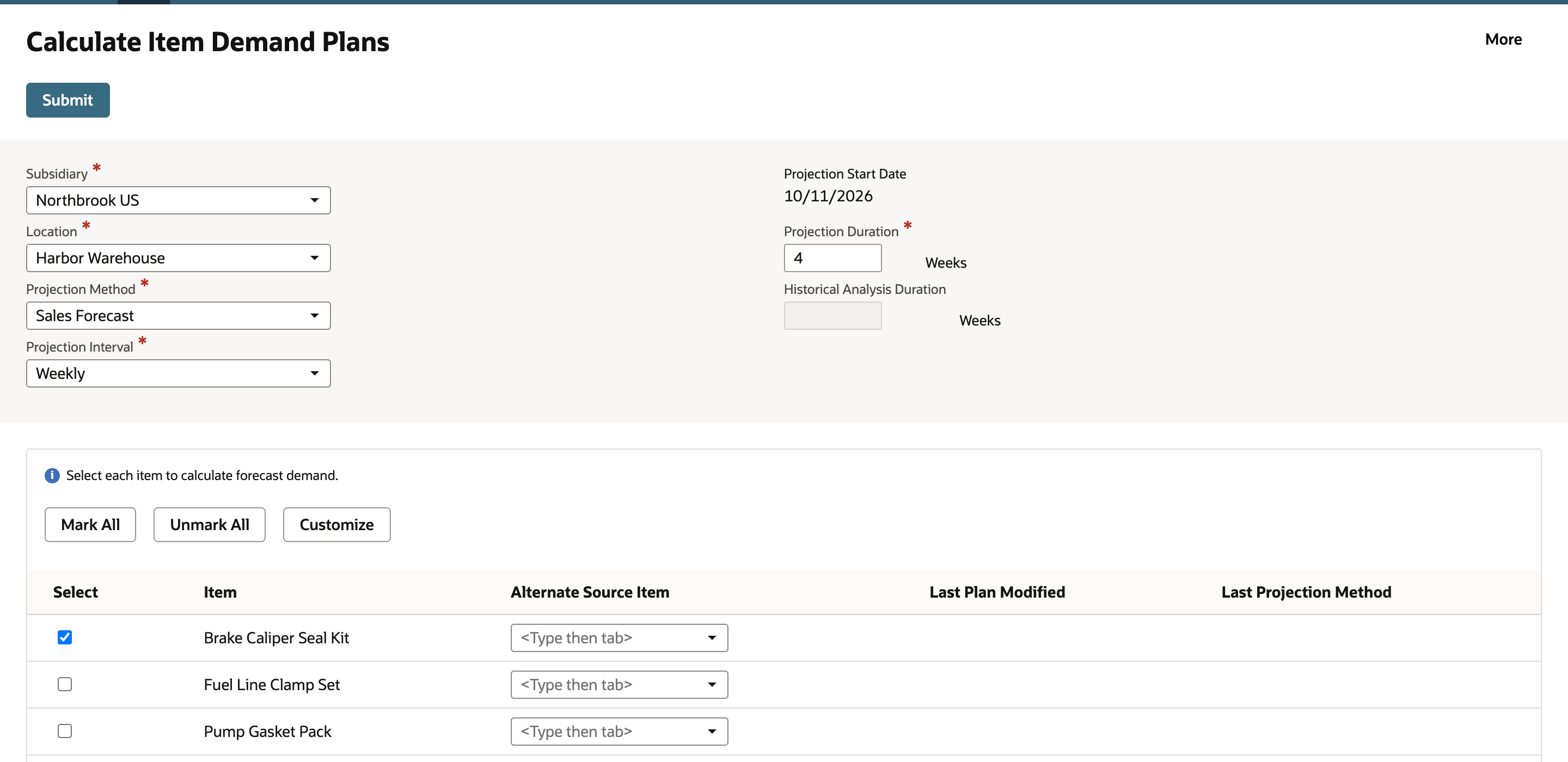 Calculate Item Demand Plans with Northbrook US, Harbor Warehouse, Sales Forecast, Weekly, start date 10/11/2026, duration 4 weeks and Brake Caliper Seal Kit checked.