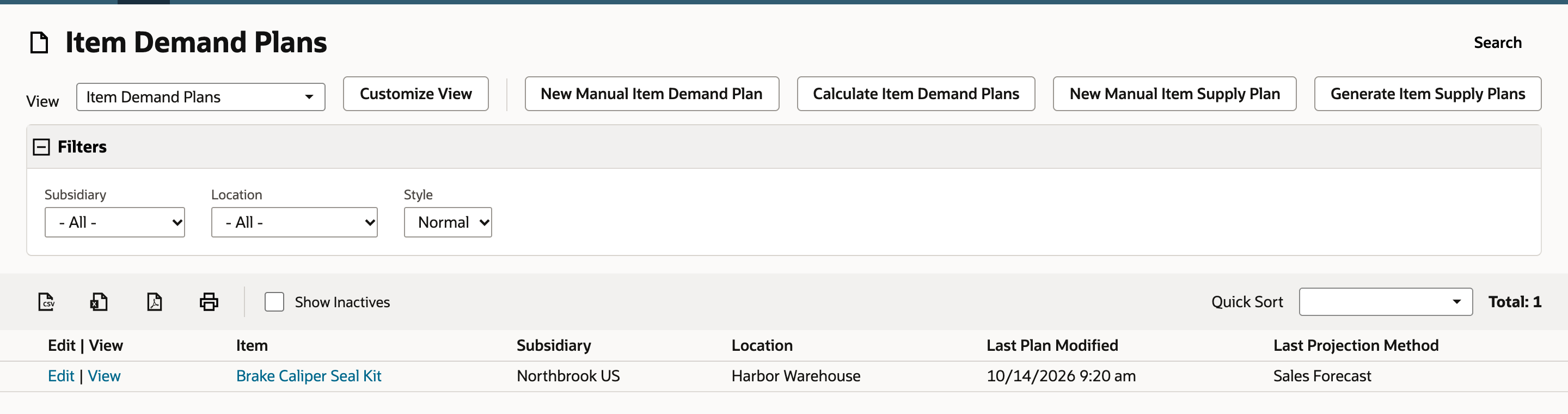Item Demand Plans lists Brake Caliper Seal Kit at Harbor Warehouse with Sales Forecast as the last projection method.