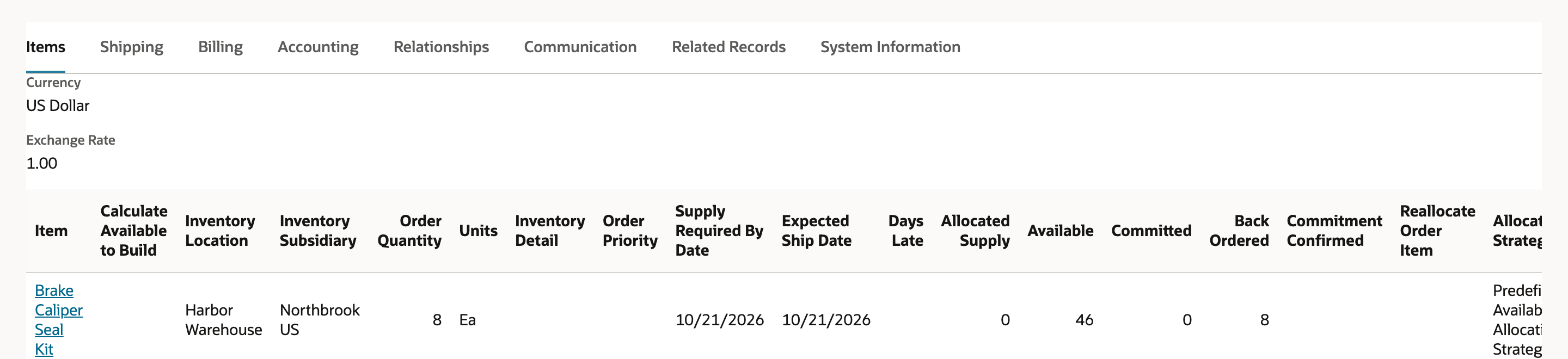 The Items subtab of SO3179 shows Brake Caliper Seal Kit with an Order Quantity of 8 and an Expected Ship Date of 10/21/2026; an arrow marks the date.