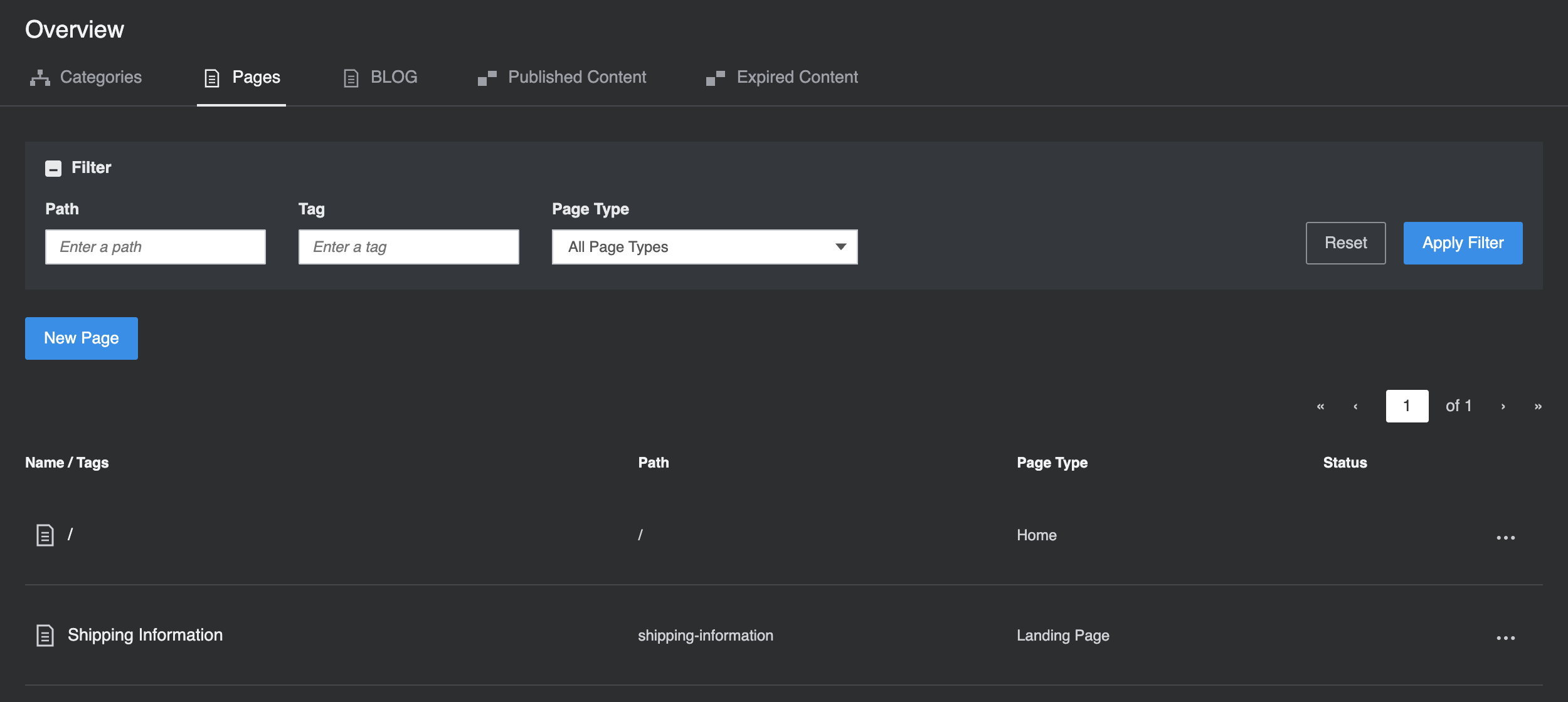 SMT Overview on the Pages tab with a filter panel, a New Page button, and two pages: / with Page Type Home, and Shipping Information with path shipping-information and Page Type Landing Page.