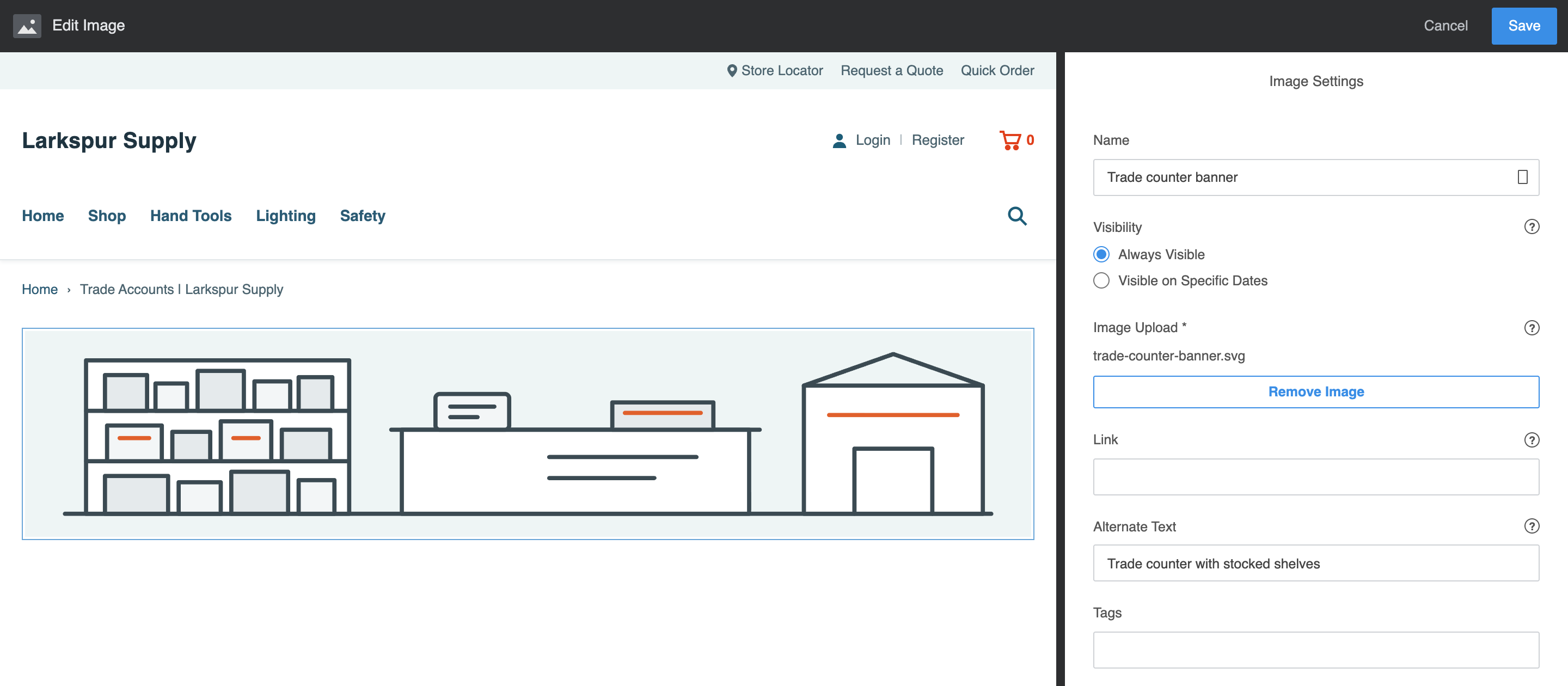 Edit Image with the banner shown under the breadcrumb. Image Settings has Name Trade counter banner, Visibility Always Visible, Image Upload trade-counter-banner.svg with a Remove Image button, and Alternate Text Trade counter with stocked shelves.