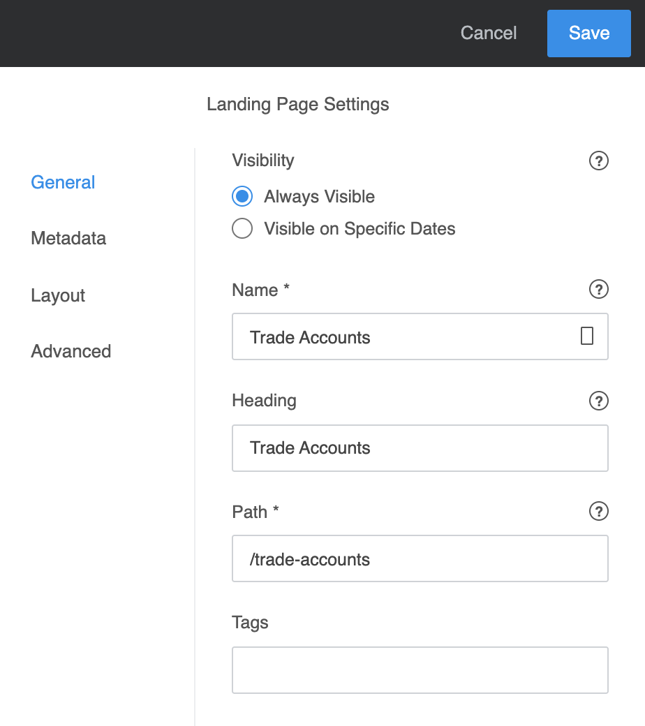 Landing Page Settings on the General tab: Visibility Always Visible, Name Trade Accounts, Heading Trade Accounts, Path /trade-accounts.