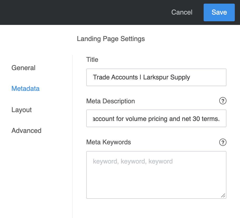Landing Page Settings on the Metadata tab: Title Trade Accounts | Larkspur Supply, Meta Description ending in volume pricing and net 30 terms, and an empty Meta Keywords box.