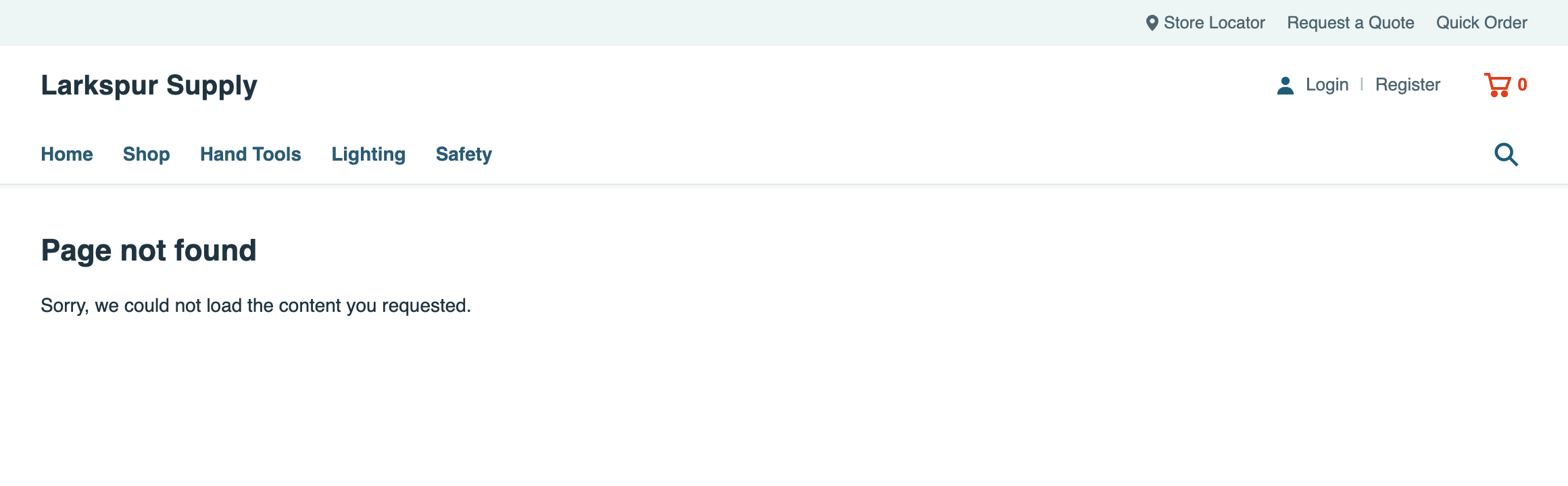 The Larkspur Supply storefront at /trade-accounts showing Page not found and Sorry, we could not load the content you requested.