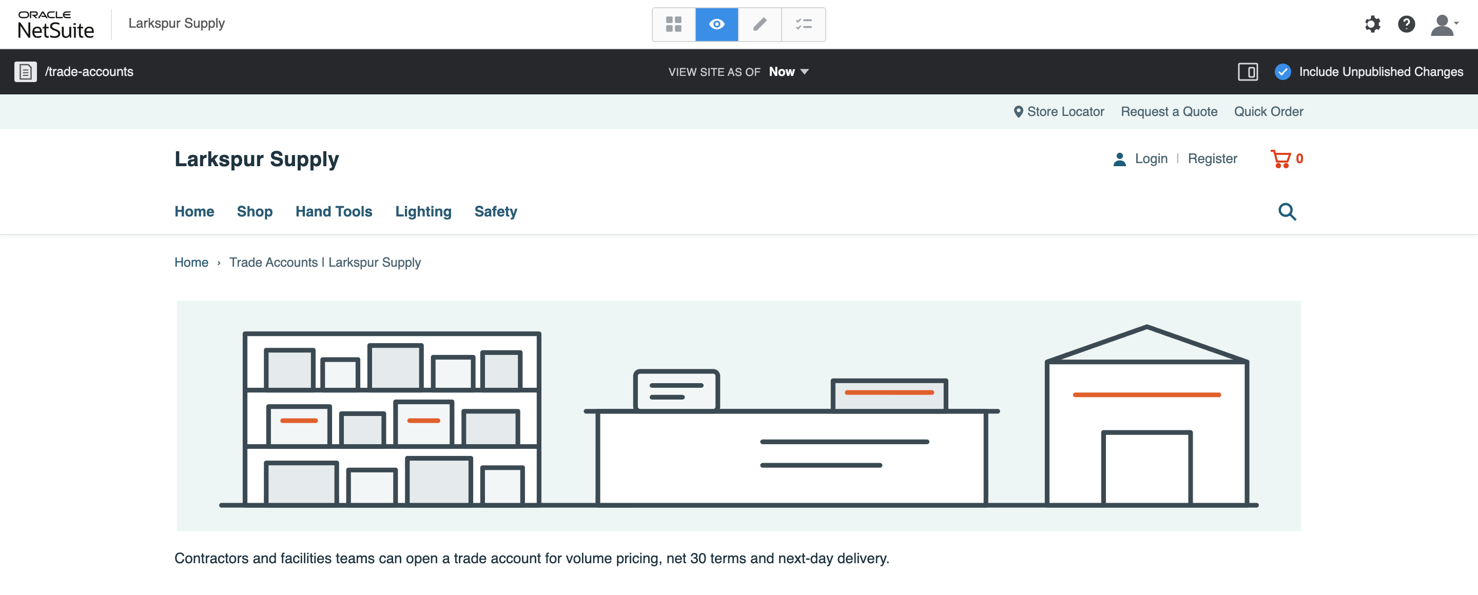 SMT View mode on /trade-accounts with Include Unpublished Changes checked. The page shows the breadcrumb Home, Trade Accounts | Larkspur Supply, the banner, and the paragraph. An arrow points to Include Unpublished Changes.