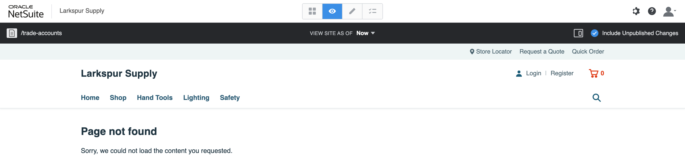 Site Management Tools in View mode over the storefront. The dark bar shows /trade-accounts, View Site As Of Now, and Include Unpublished Changes. The page still says Page not found.
