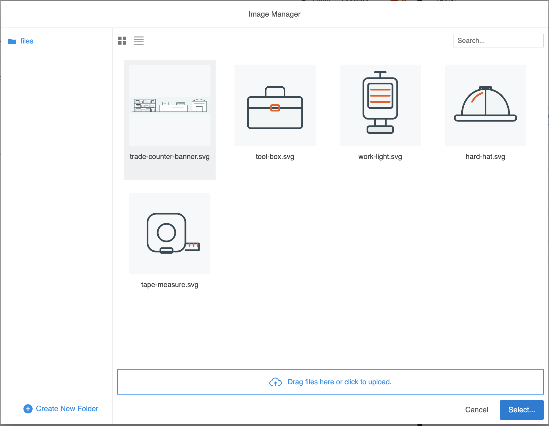 The Image Manager dialog on the files folder with trade-counter-banner.svg highlighted, next to tool-box.svg, work-light.svg, hard-hat.svg, and tape-measure.svg, and a Select button.