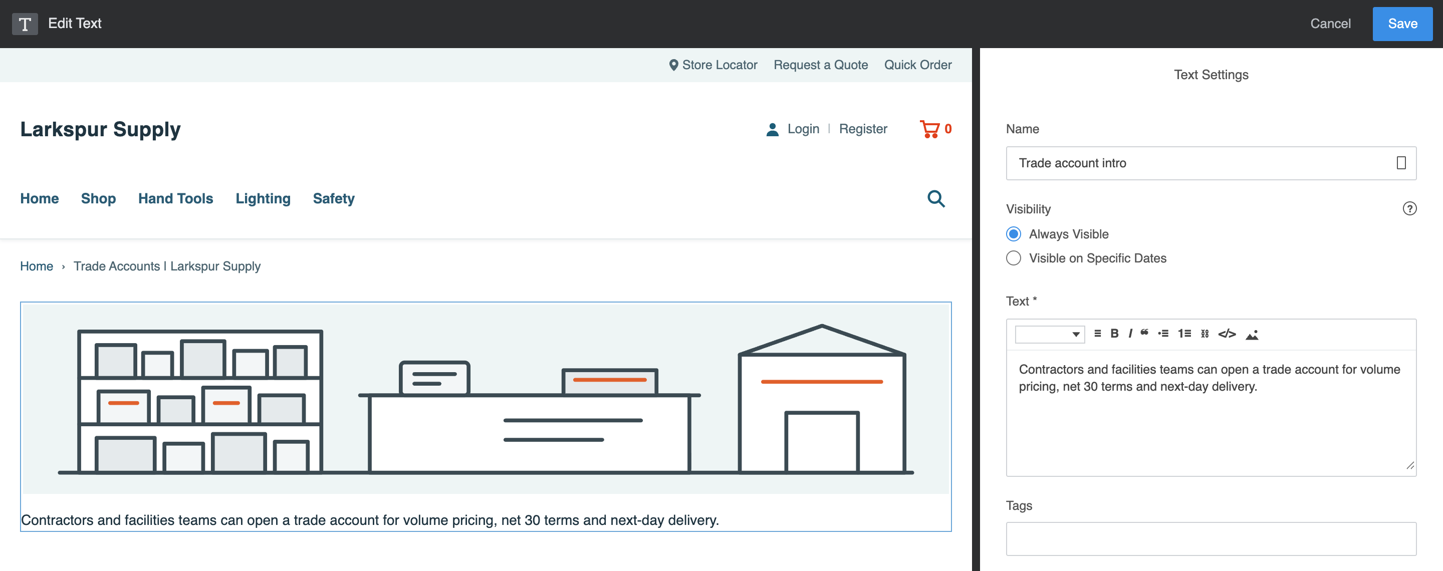 Edit Text with the banner and the new paragraph on the page. Text Settings has Name Trade account intro and the paragraph in the Text editor.