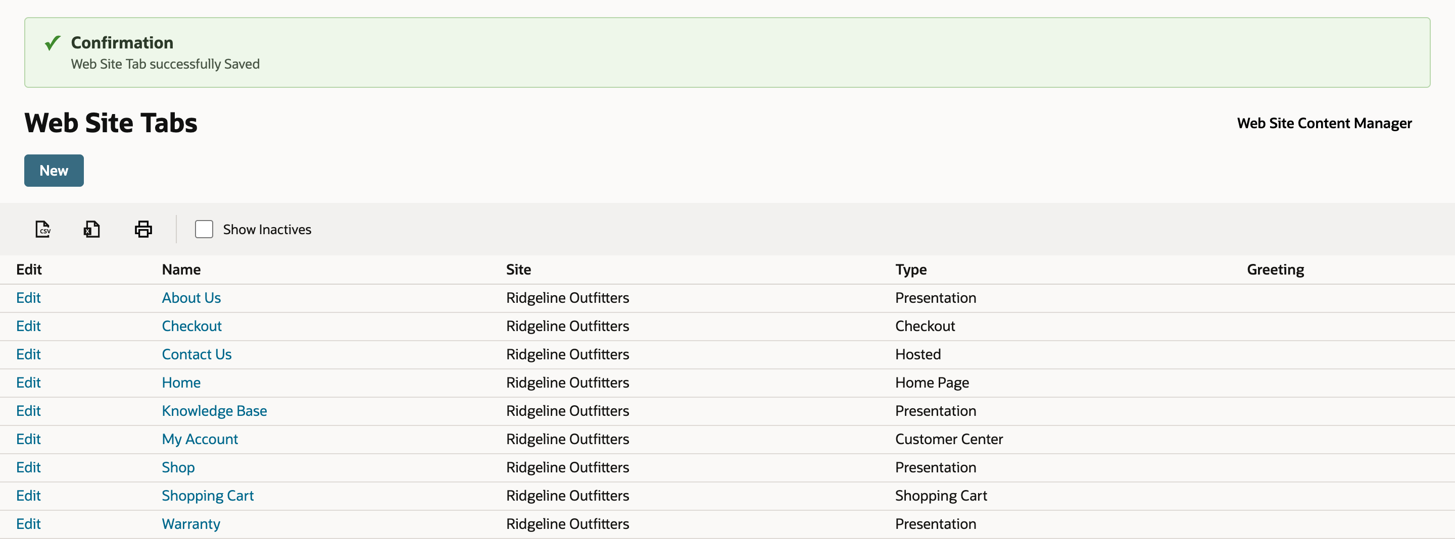 Confirmation Web Site Tab successfully Saved above the Web Site Tabs list, which now includes Knowledge Base for Ridgeline Outfitters with type Presentation.