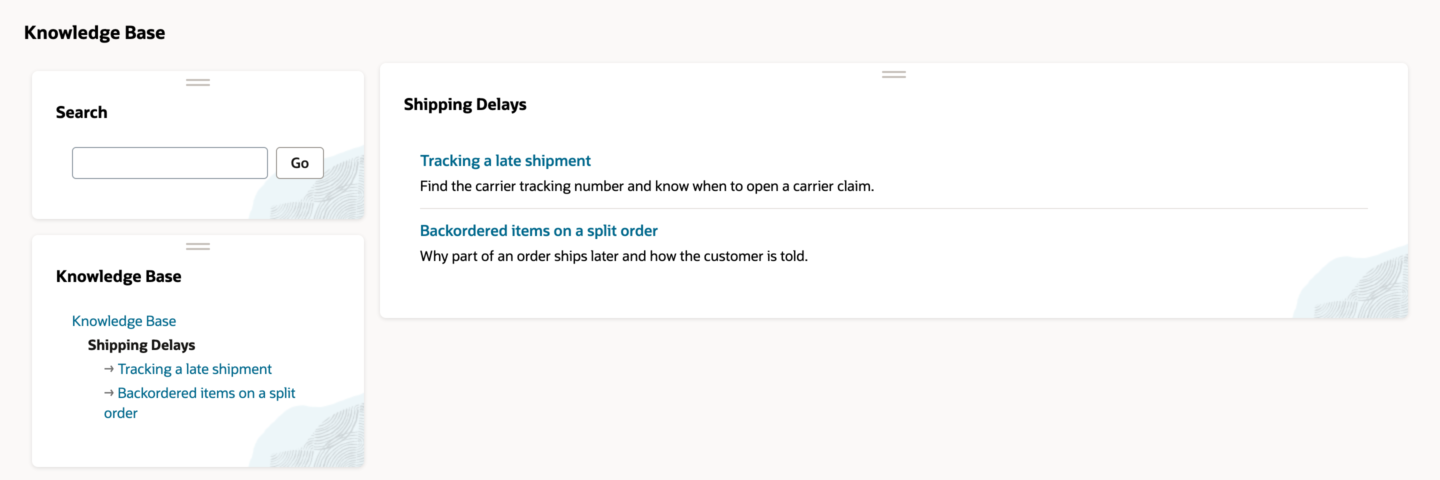 The Shipping Delays page on the Knowledge Base tab listing Tracking a late shipment and Backordered items on a split order with their abstracts, and the navigation box showing both solutions under Shipping Delays.