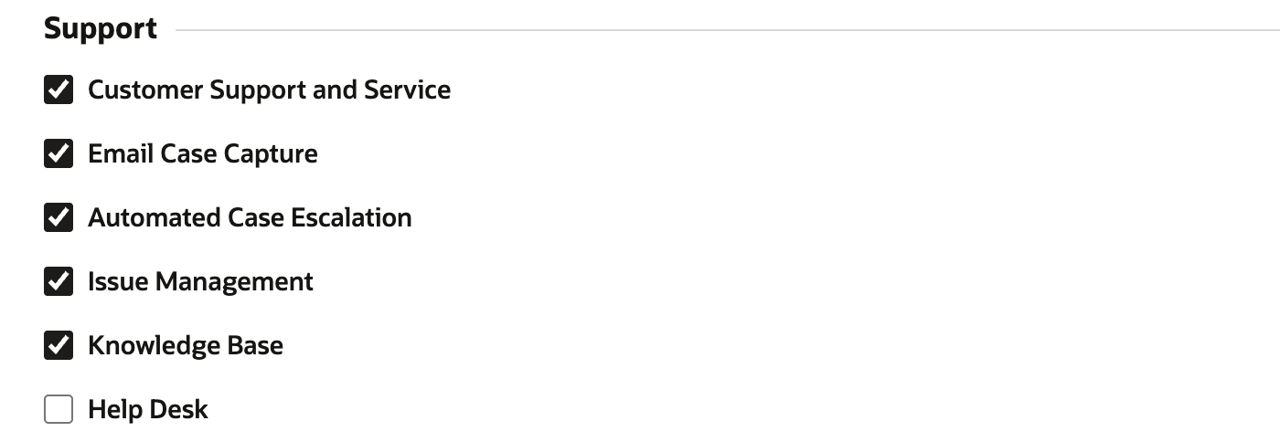 The Support section of the CRM features with Customer Support and Service, Email Case Capture, Automated Case Escalation, Issue Management and Knowledge Base checked, and Help Desk unchecked.