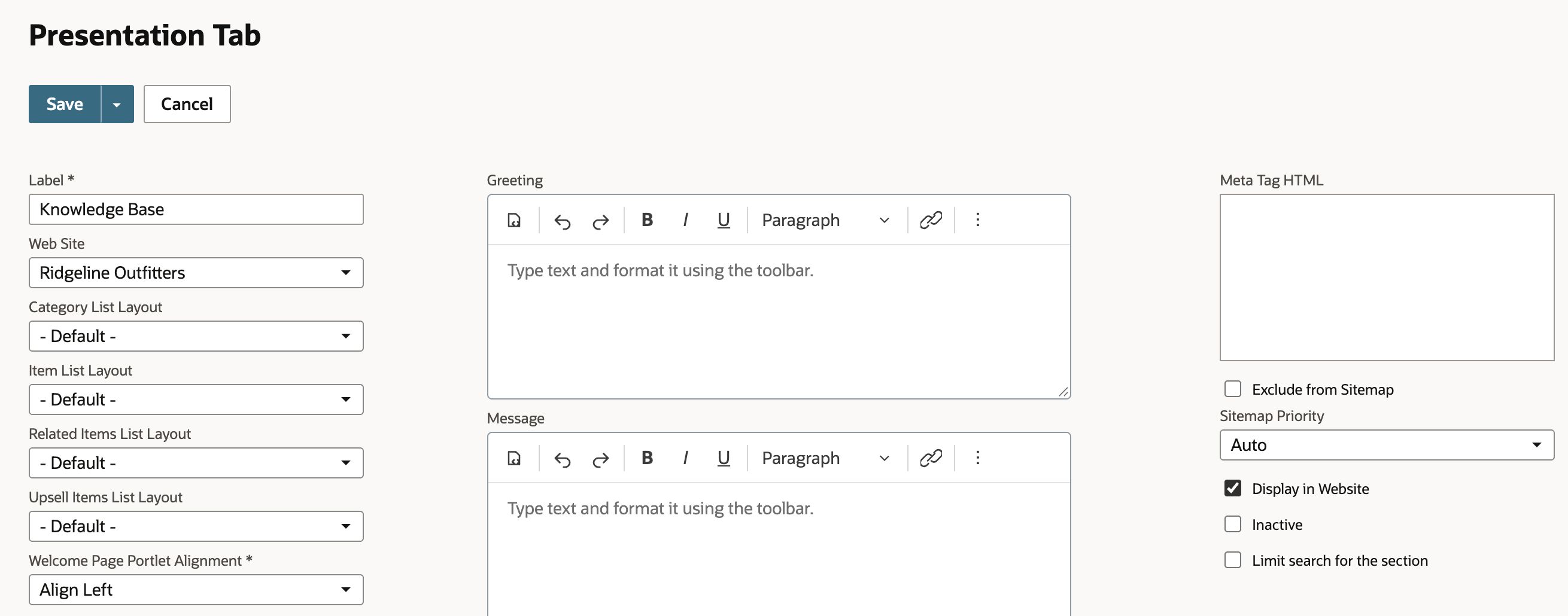 The Presentation Tab form with Label Knowledge Base, Web Site Ridgeline Outfitters, default list layouts, and Display in Website checked.