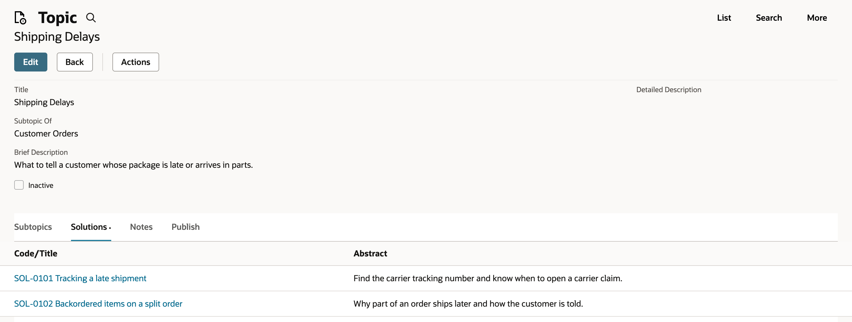 The Shipping Delays topic, Subtopic Of Customer Orders, with its brief description and a Solutions subtab listing SOL-0101 Tracking a late shipment and SOL-0102 Backordered items on a split order with their abstracts.