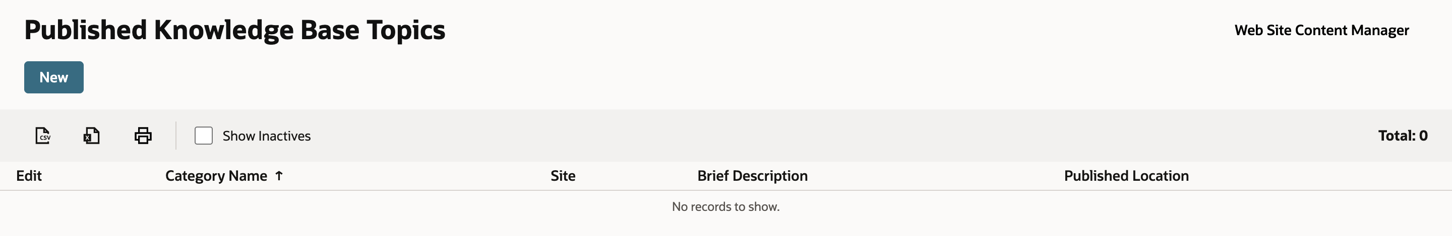 The Published Knowledge Base Topics list with columns Category Name, Site, Brief Description and Published Location, showing Total 0 and No records to show.