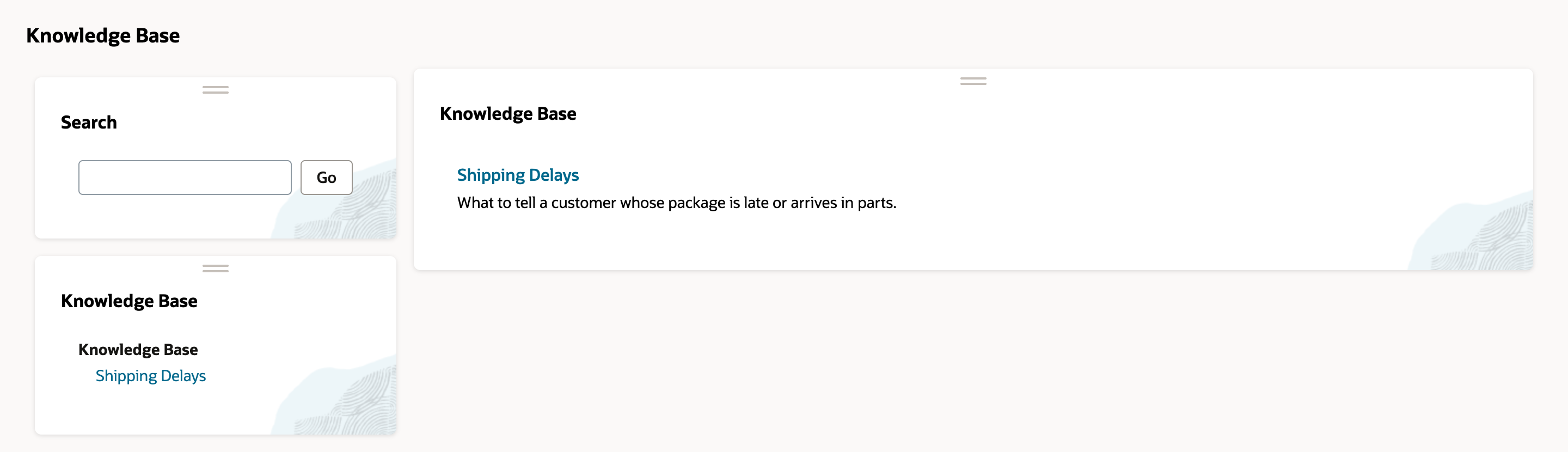 The Knowledge Base tab listing Shipping Delays with the description What to tell a customer whose package is late or arrives in parts, and Shipping Delays under Knowledge Base in the navigation box.