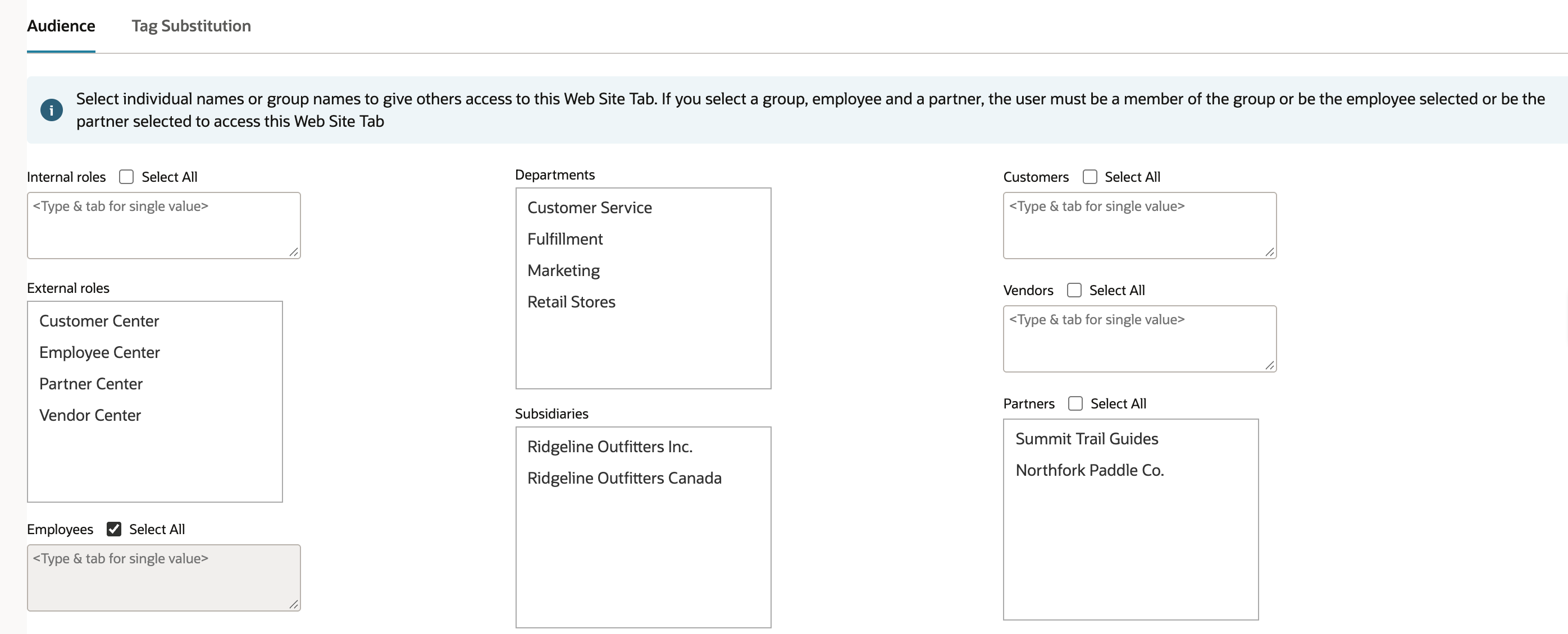 The Audience subtab of the Presentation Tab with Select All checked next to Employees and nothing selected for internal roles, departments, subsidiaries, customers, vendors or partners.