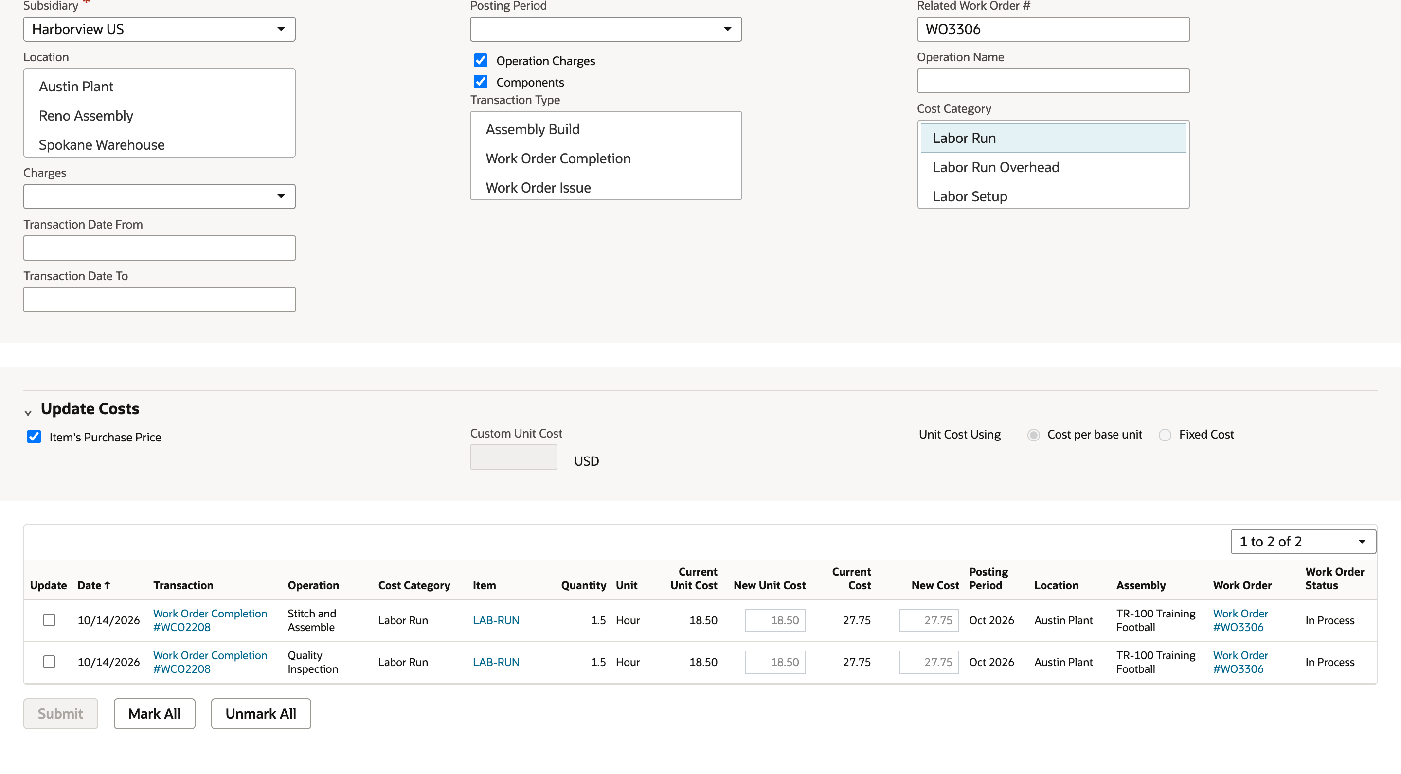 Related Work Order # is WO3306 and Cost Category is Labor Run, leaving two lines of Work Order Completion WCO2208.
