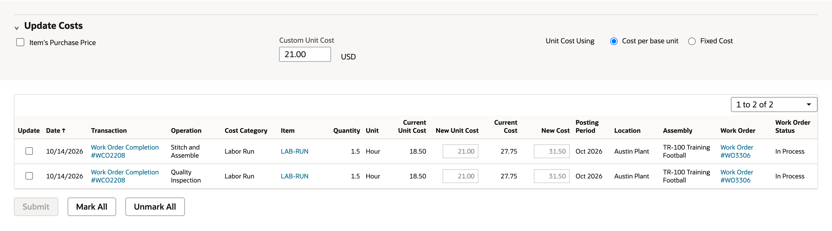 Item's Purchase Price is cleared, Custom Unit Cost is 21.00 and both Labor Run lines preview a New Unit Cost of 21.00 and a New Cost of 31.50.