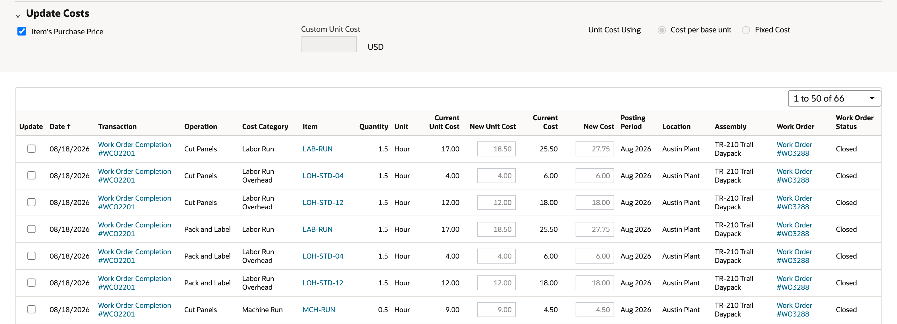 The Update Costs section and the first rows of the charge grid, with a pager reading 1 to 50 of 66.