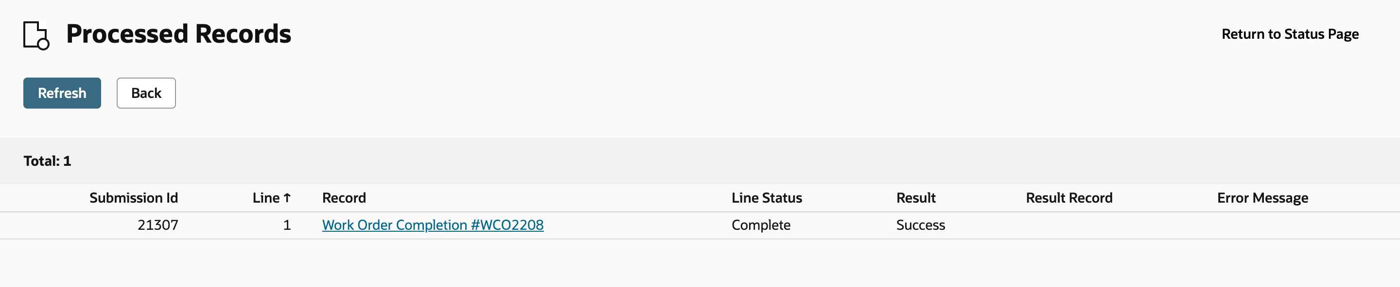 Processed Records lists Work Order Completion WCO2208 with Line Status Complete and Result Success.
