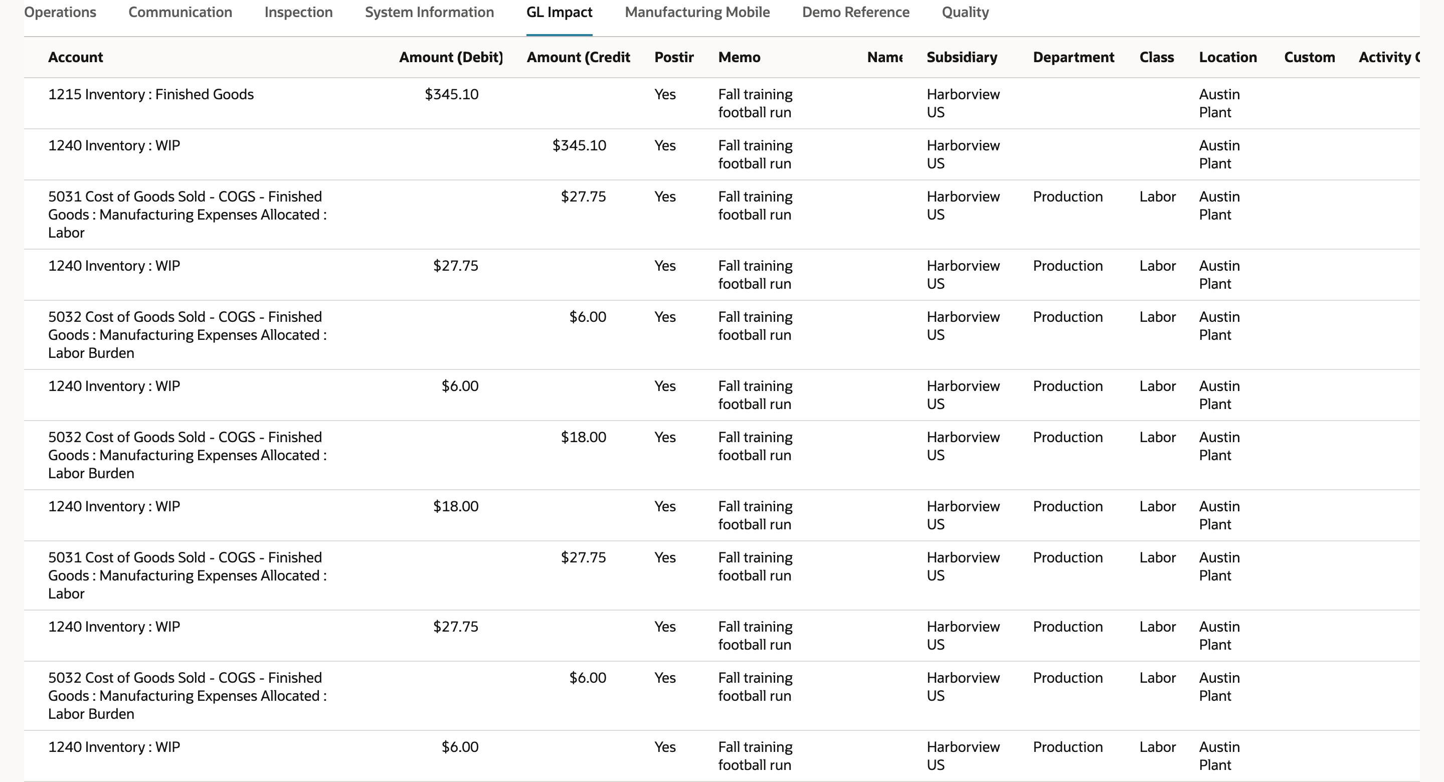 The GL Impact tab of WCO2208 with an arrow pointing at the first labor line, a credit of 27.75 to the Labor account.