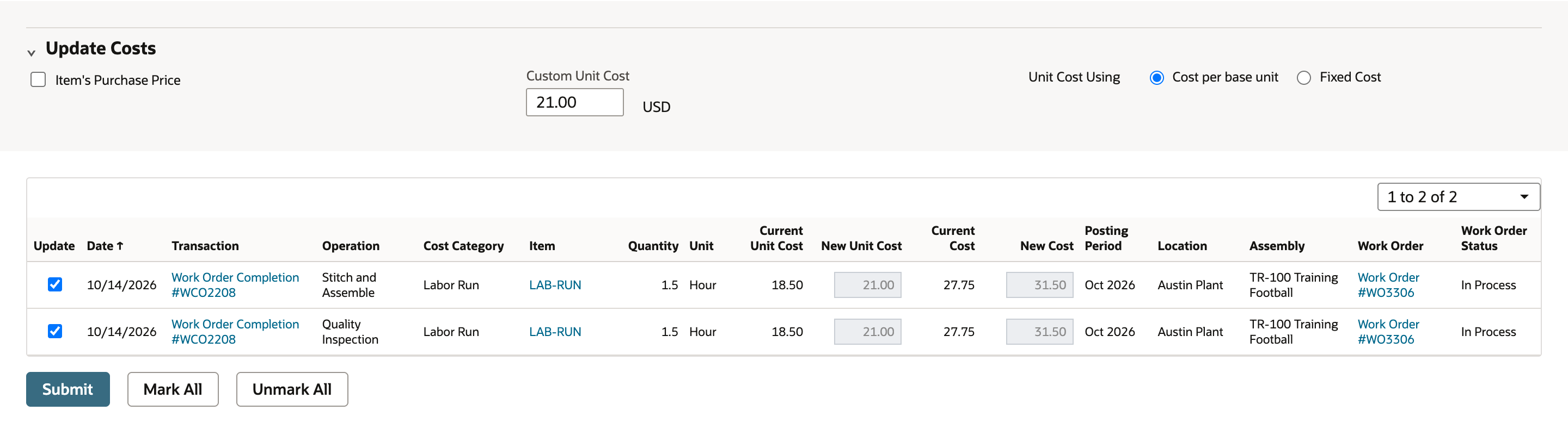 Both Labor Run lines have their Update boxes checked and the Submit button is enabled.