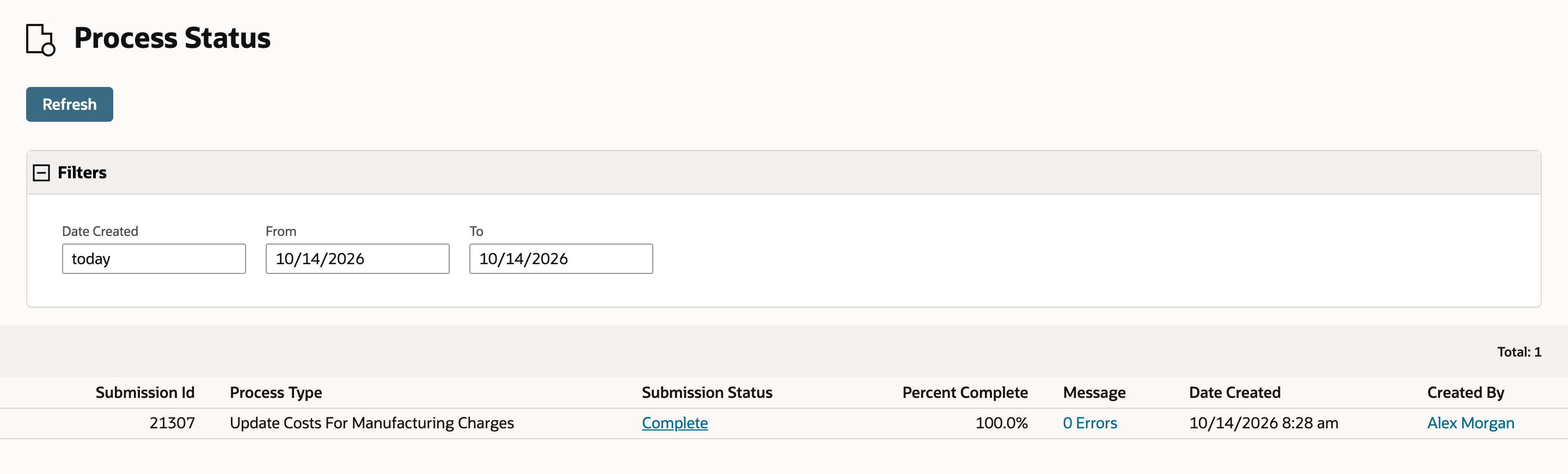 Process Status shows submission 21307, Update Costs For Manufacturing Charges, Complete at 100.0% with 0 Errors.