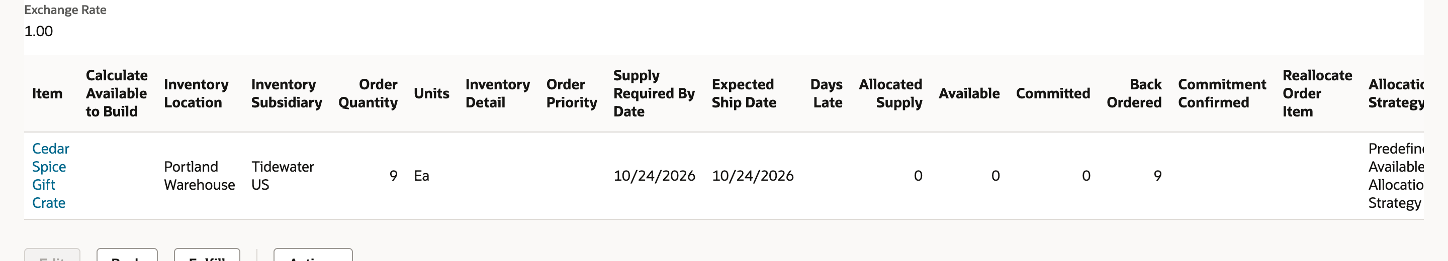 The Items sublist of SO5528 shows Cedar Spice Gift Crate at Portland Warehouse with Order Quantity 9 and Expected Ship Date 10/24/2026.
