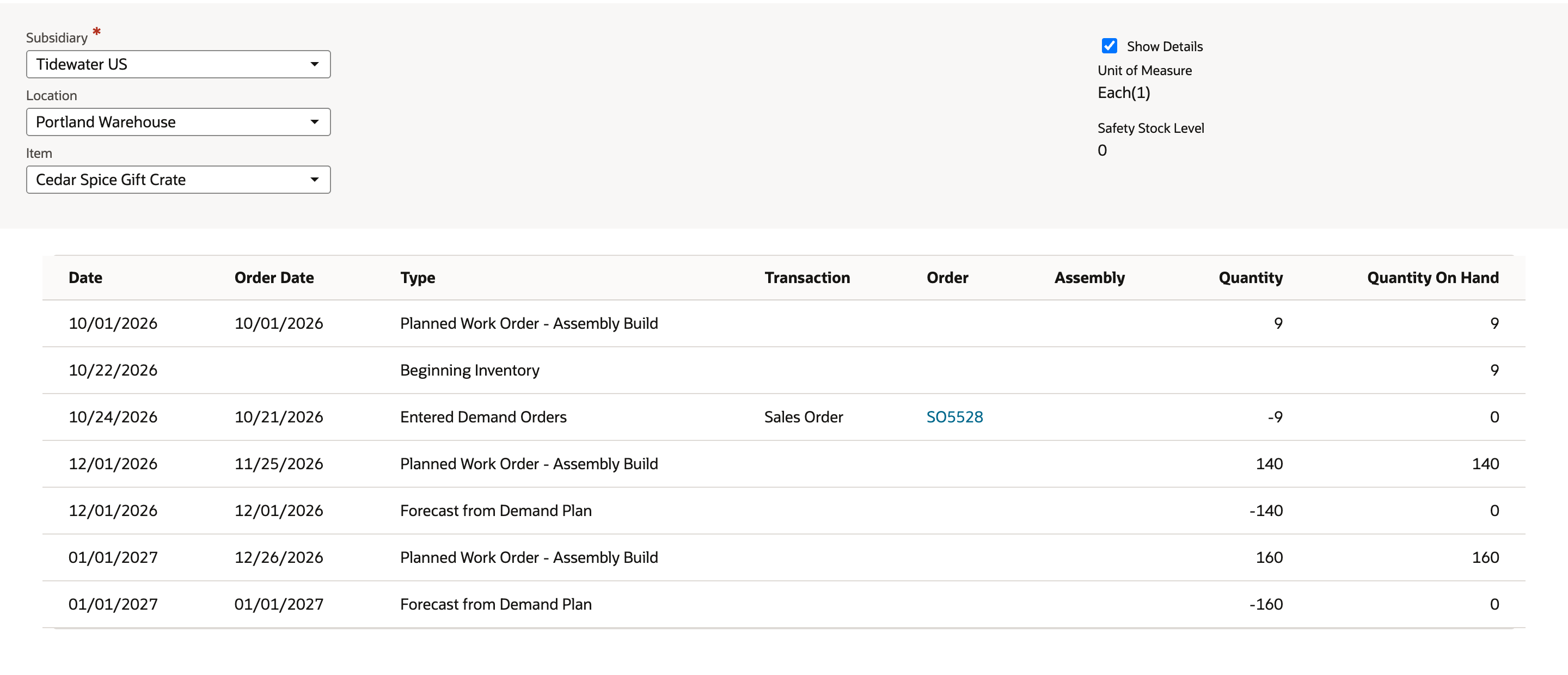Gross Requirements Inquiry for Cedar Spice Gift Crate lists a Planned Work Order - Assembly Build for 9 dated 10/01/2026, Beginning Inventory, Entered Demand Orders SO5528 for -9 with Quantity On Hand 0, and the 140 and 160 planned work orders each returning the balance to 0.