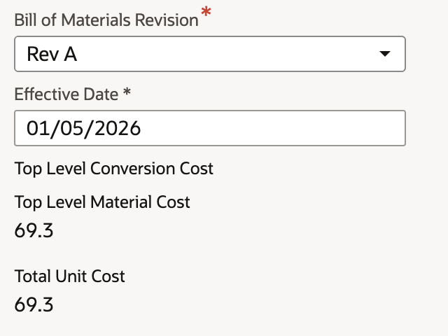 The inquiry with Rev A chosen, Effective Date 01/05/2026 and Top Level Material Cost 69.3.