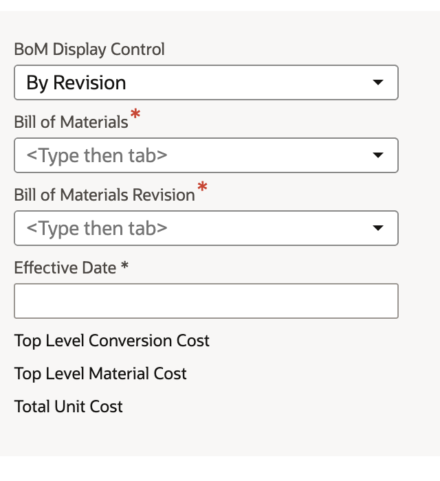 The empty Costed Bill of Materials Inquiry with its filters and three blank cost labels.