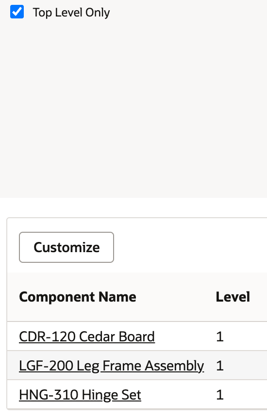 The inquiry with Top Level Only checked: three level 1 rows remain and Top Level Material Cost is still 85.4.