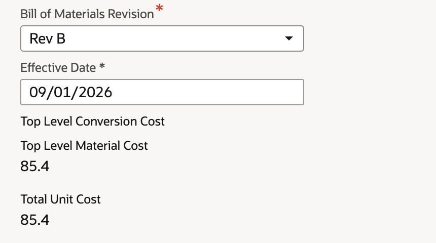 Top Level Material Cost 85.4 and Total Unit Cost 85.4 under Effective Date 09/01/2026.