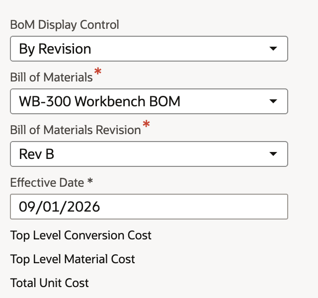 The inquiry with Example Supply US, WB-300 Garden Workbench, WB-300 Workbench BOM, Rev B and Effective Date 09/01/2026 filled in.