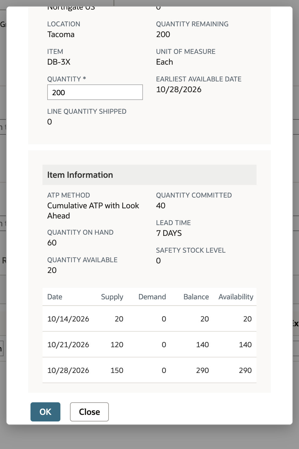 NetSuite Check Item Availability popup table with balance 20 on 10/14/2026, 140 on 10/21/2026 and 290 on 10/28/2026
