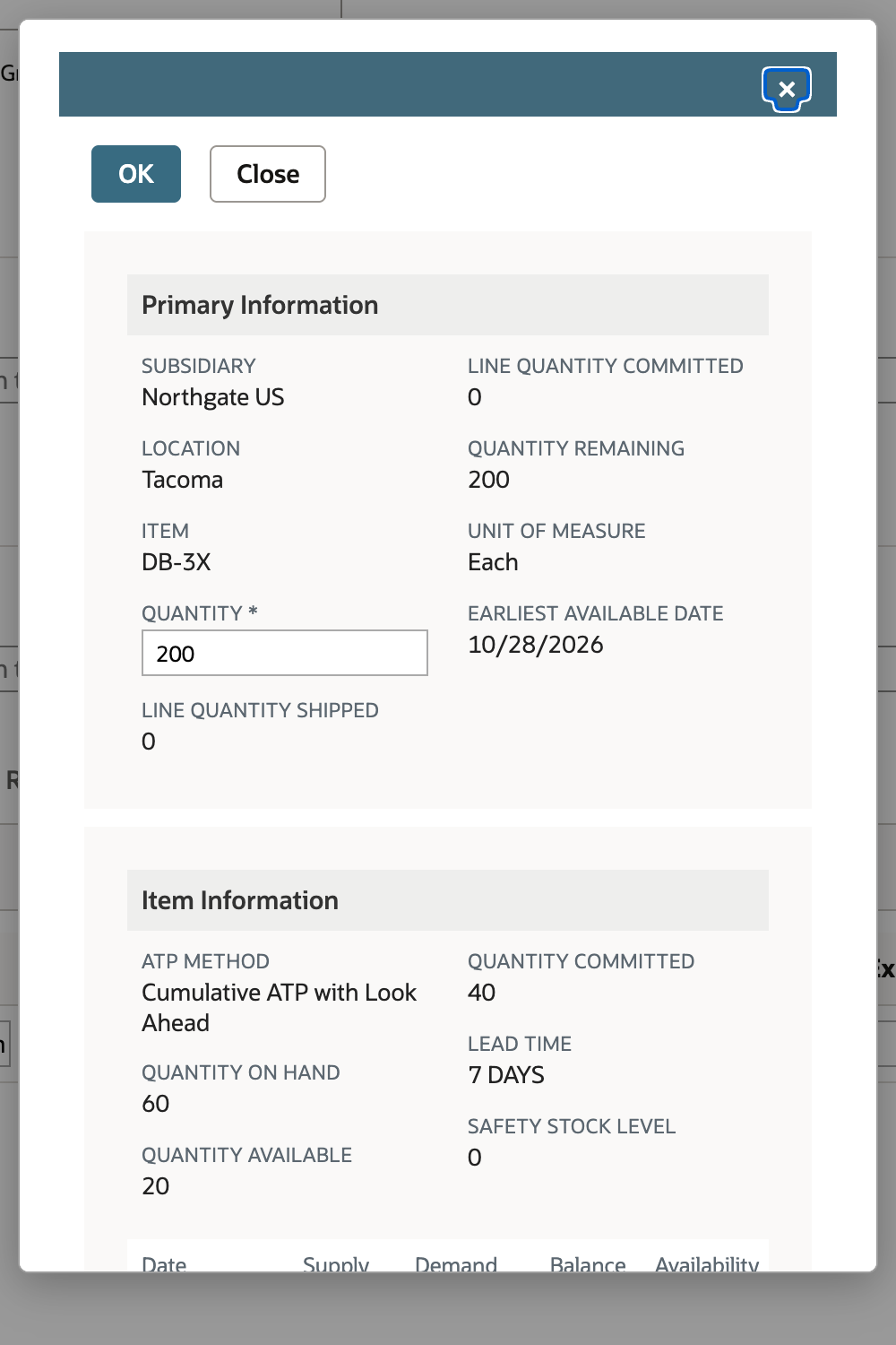NetSuite Check Item Availability popup with Primary Information showing Quantity 200, Quantity Remaining 200 and Earliest Available Date 10/28/2026