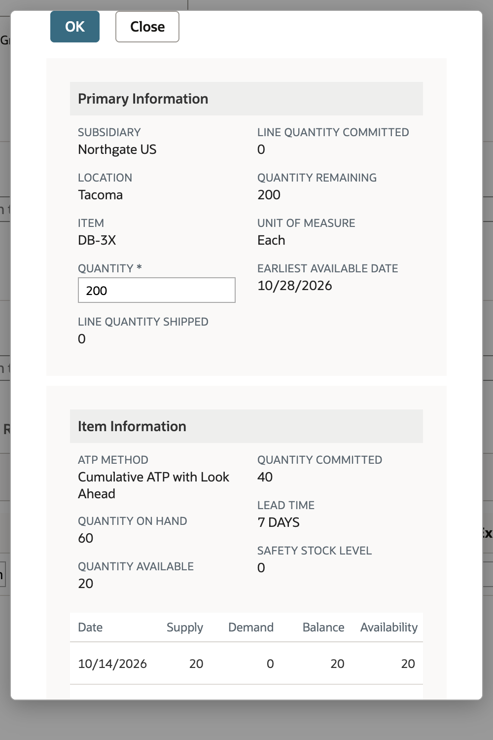 NetSuite Check Item Availability popup Item Information with ATP Method Cumulative ATP with Look Ahead, Quantity On Hand 60, Quantity Available 20, Quantity Committed 40, Lead Time 7 days and Safety Stock Level 0