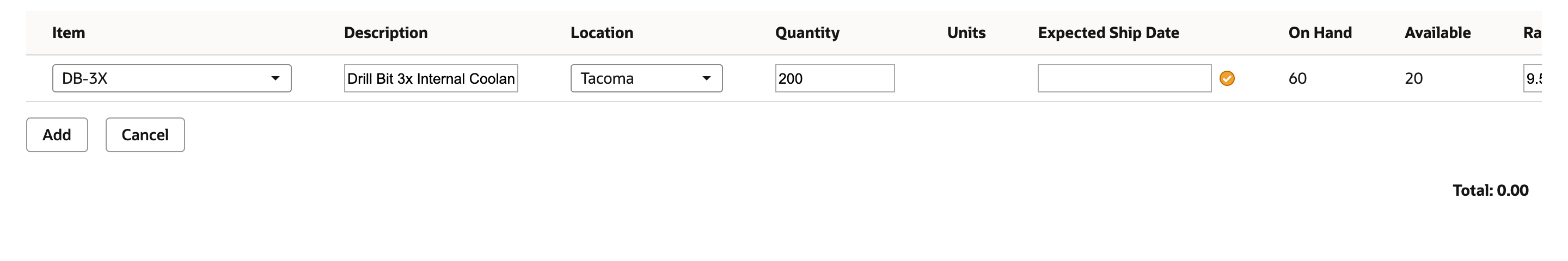 NetSuite sales order line after closing the Check Item Availability popup with Expected Ship Date still empty