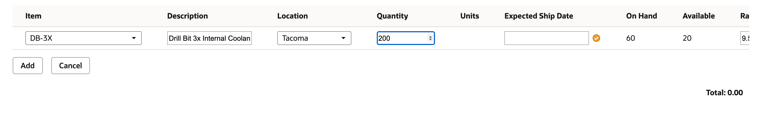 NetSuite sales order line for DB-3X with Quantity 200, On Hand 60, Available 20 and the Check Item Availability icon beside Expected Ship Date