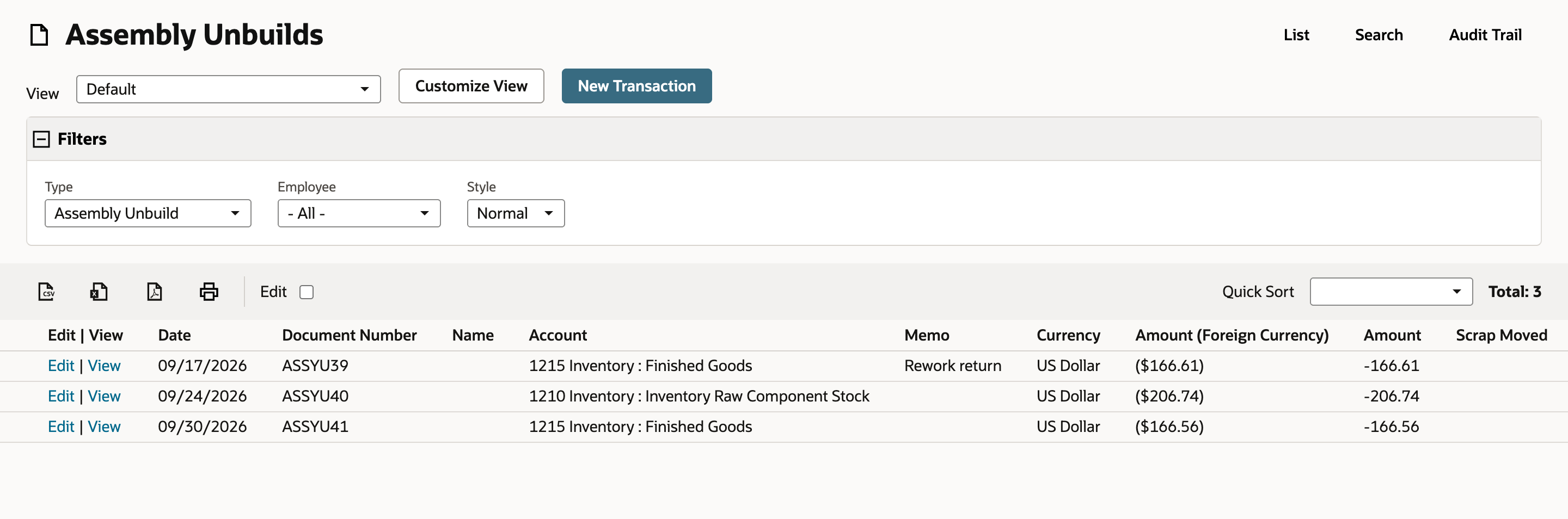 Assembly Unbuilds list with three rows. ASSYU41 is dated 09/30/2026, uses the account 1215 Inventory : Finished Goods and shows an Amount of -166.56. An arrow points to the View link for ASSYU41.
