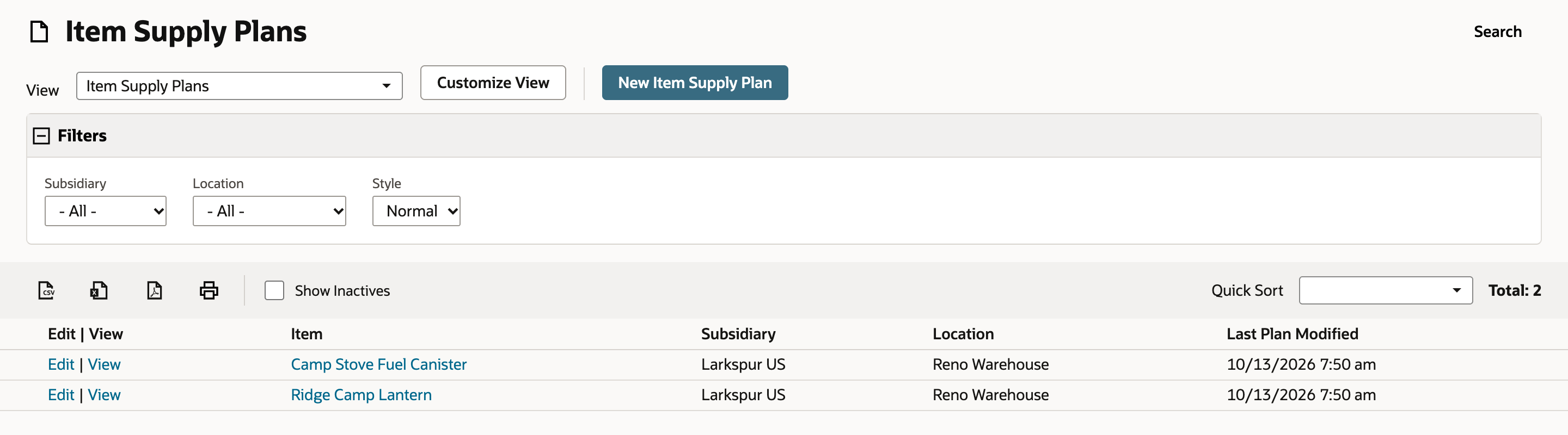 The Item Supply Plans list with two plans, one for Ridge Camp Lantern.