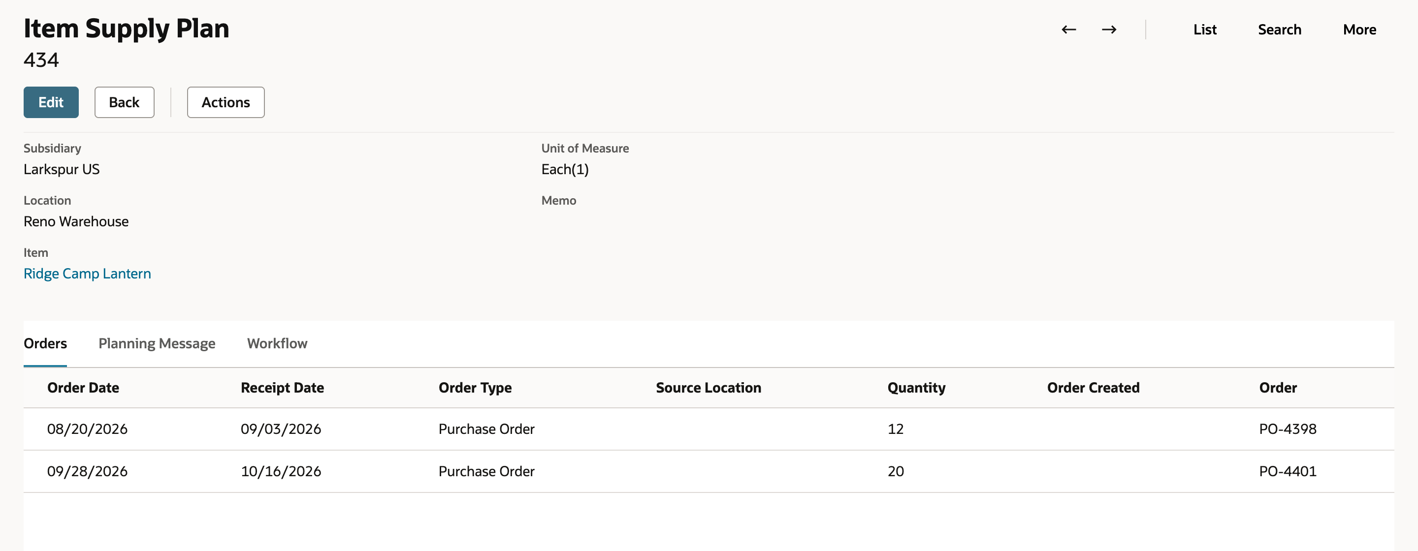 The Orders subtab with two purchase orders, their receipt dates and quantities.