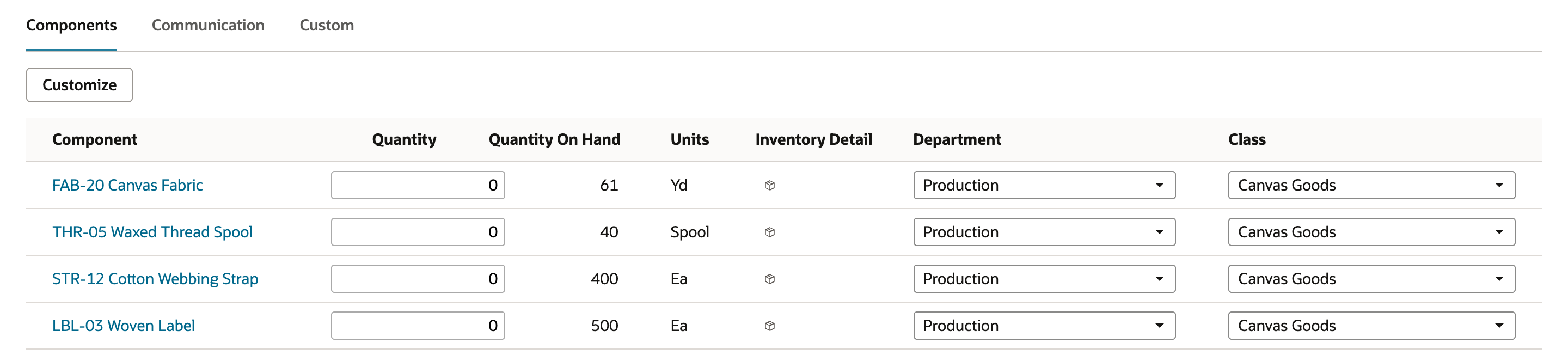 The Components subtab listing FAB-20 Canvas Fabric, THR-05 Waxed Thread Spool, STR-12 Cotton Webbing Strap and LBL-03 Woven Label at Quantity 0 with Quantity On Hand 61, 40, 400 and 500.