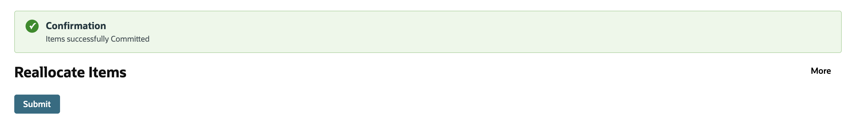 A Confirmation message reading Items successfully Committed above the Reallocate Items page.