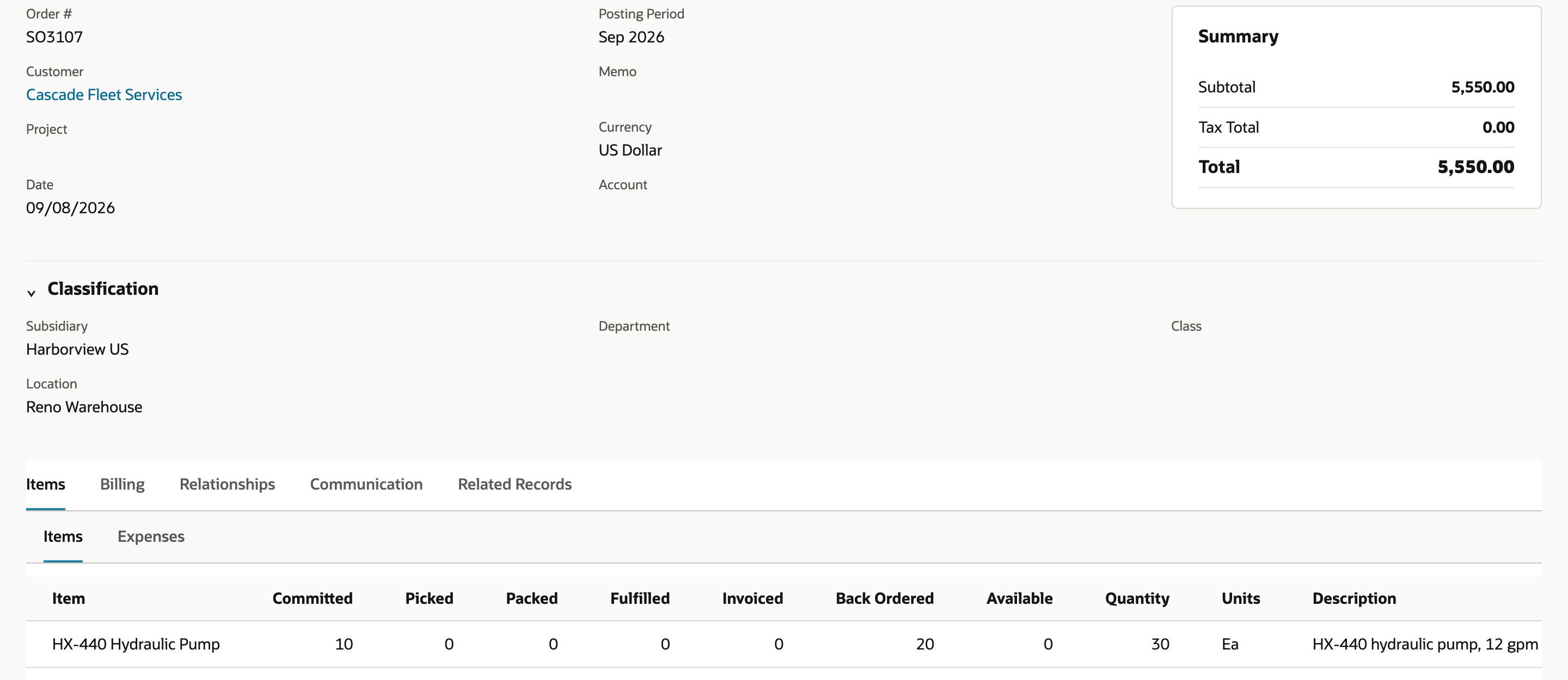 Sales order SO3107 for Cascade Fleet Services with the HX-440 Hydraulic Pump line Committed 10, Back Ordered 20, Quantity 30.