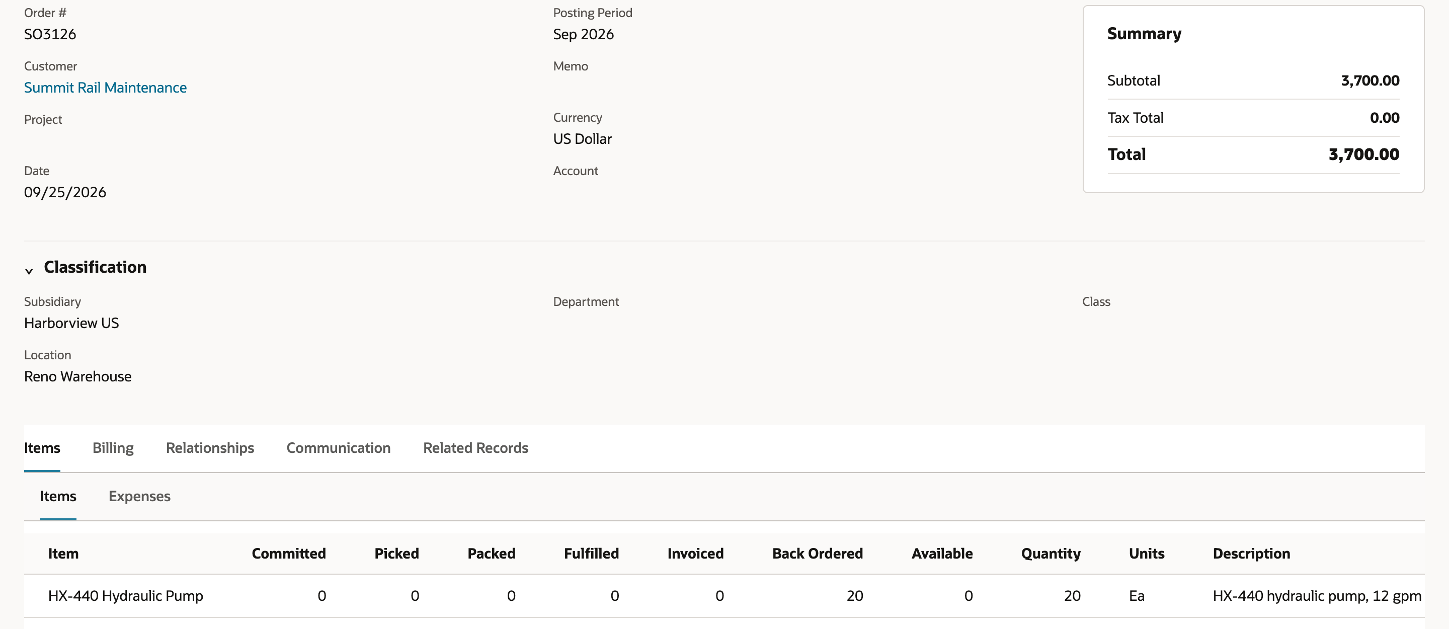 Sales order SO3126 for Summit Rail Maintenance, dated 09/25/2026 at Reno Warehouse, with one HX-440 Hydraulic Pump line: Committed 0, Back Ordered 20, Available 0, Quantity 20.