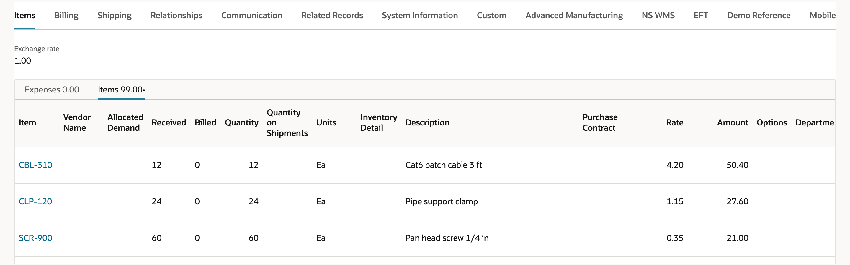 The Items tab of PO71442 with Received 12, 24 and 60 matching the quantities 12, 24 and 60.