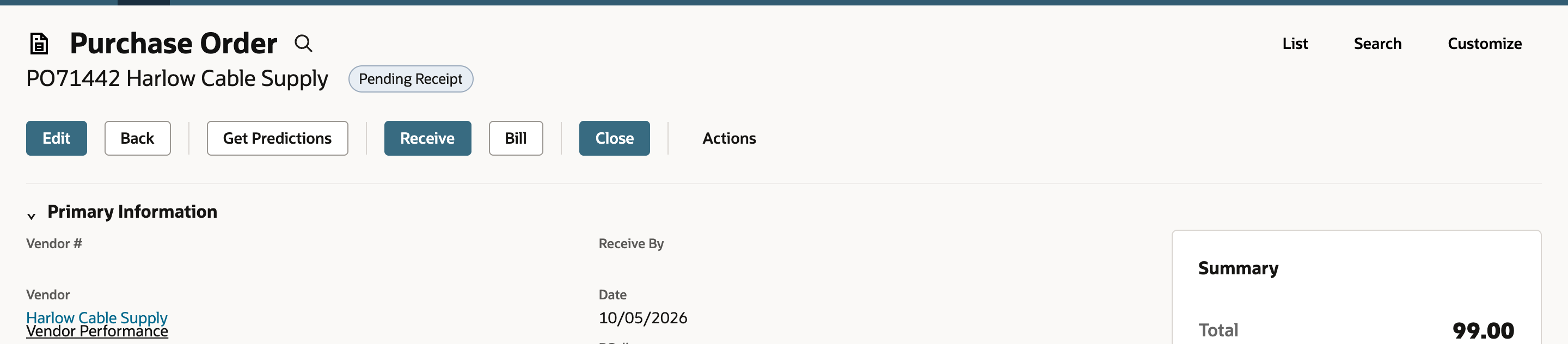 PO71442 for Harlow Cable Supply with the status Pending Receipt and the buttons Edit, Back, Get Predictions, Receive, Bill and Close.